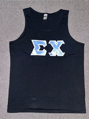 Sigma Chi black cotton tank top with blue and white Greek letters, size Large